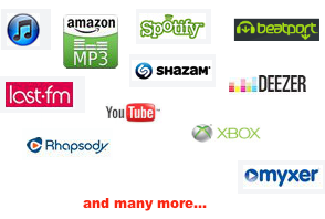 Logos of music distribution platforms Beatport, Spotify, Amazon, YouTube, Rhapsody, LastFM, Deezer and others